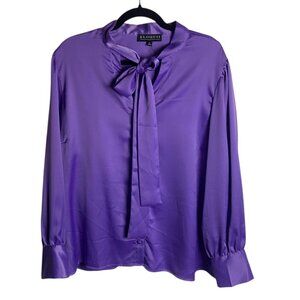 Eloquii Size 18 Purple Satin Tie Neck Blouse Top Elegant Office Romantic Pleated